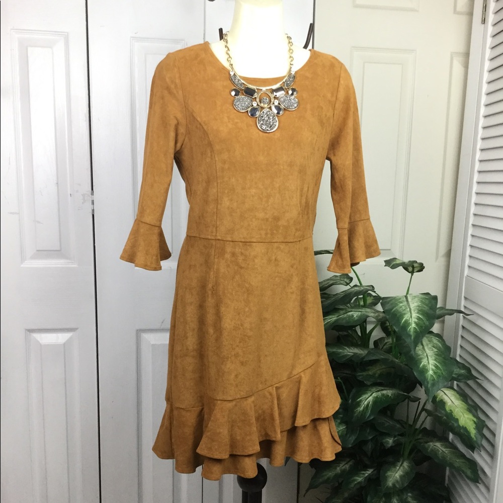 Aryeh SUEDE BELL SLEEVES RUFFLE DRESS CAMEL COLOR - Picture 1 of 6